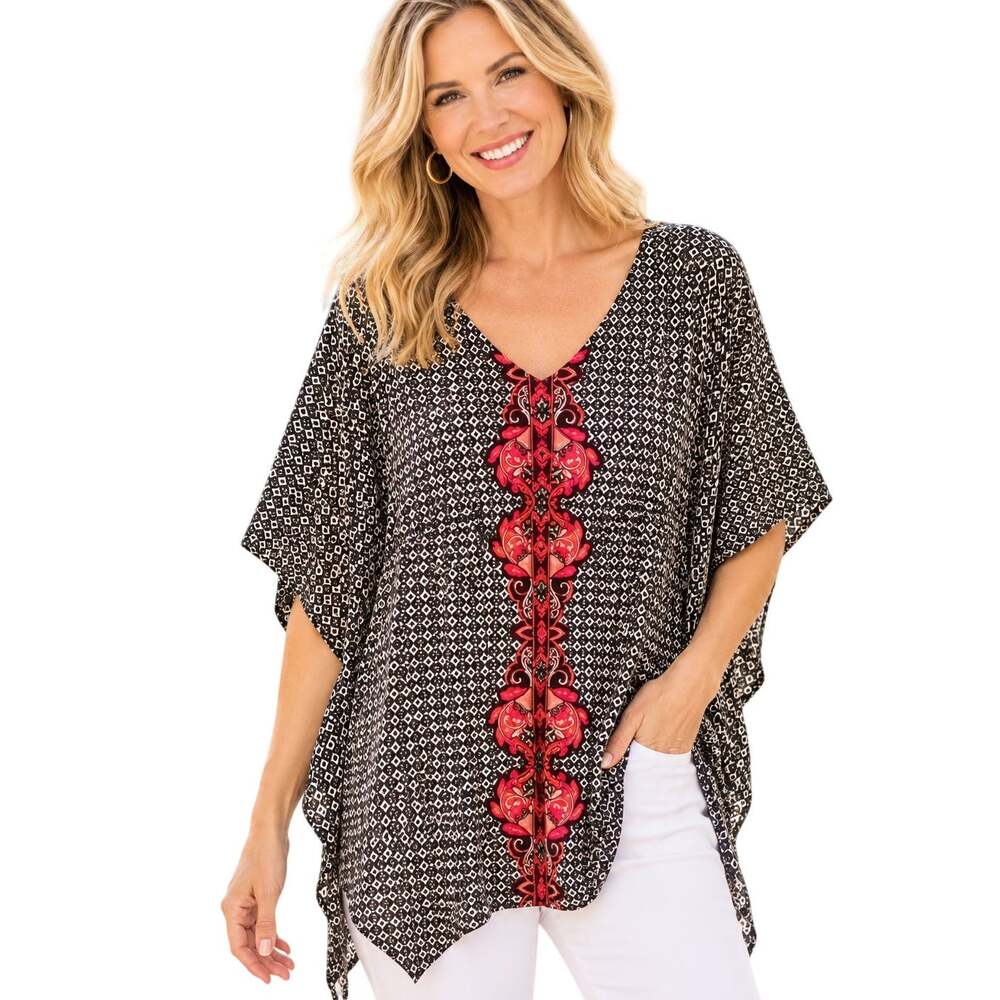 SOMA Kaftan Top Womens Medium Black Pink V-Neck Boho Pullover Live Lounge Wear